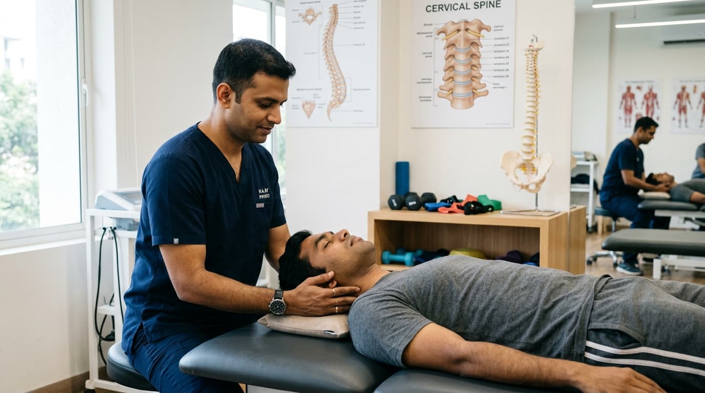 Male Physiotherapist performing cervical spine mobilization on adult male patient at Therapy Care Patiala