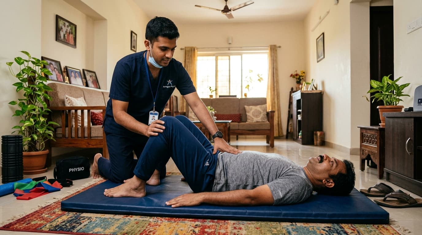 Male Physiotherapist guiding adult male patient through lower back rehabilitation exercises at home in Patiala