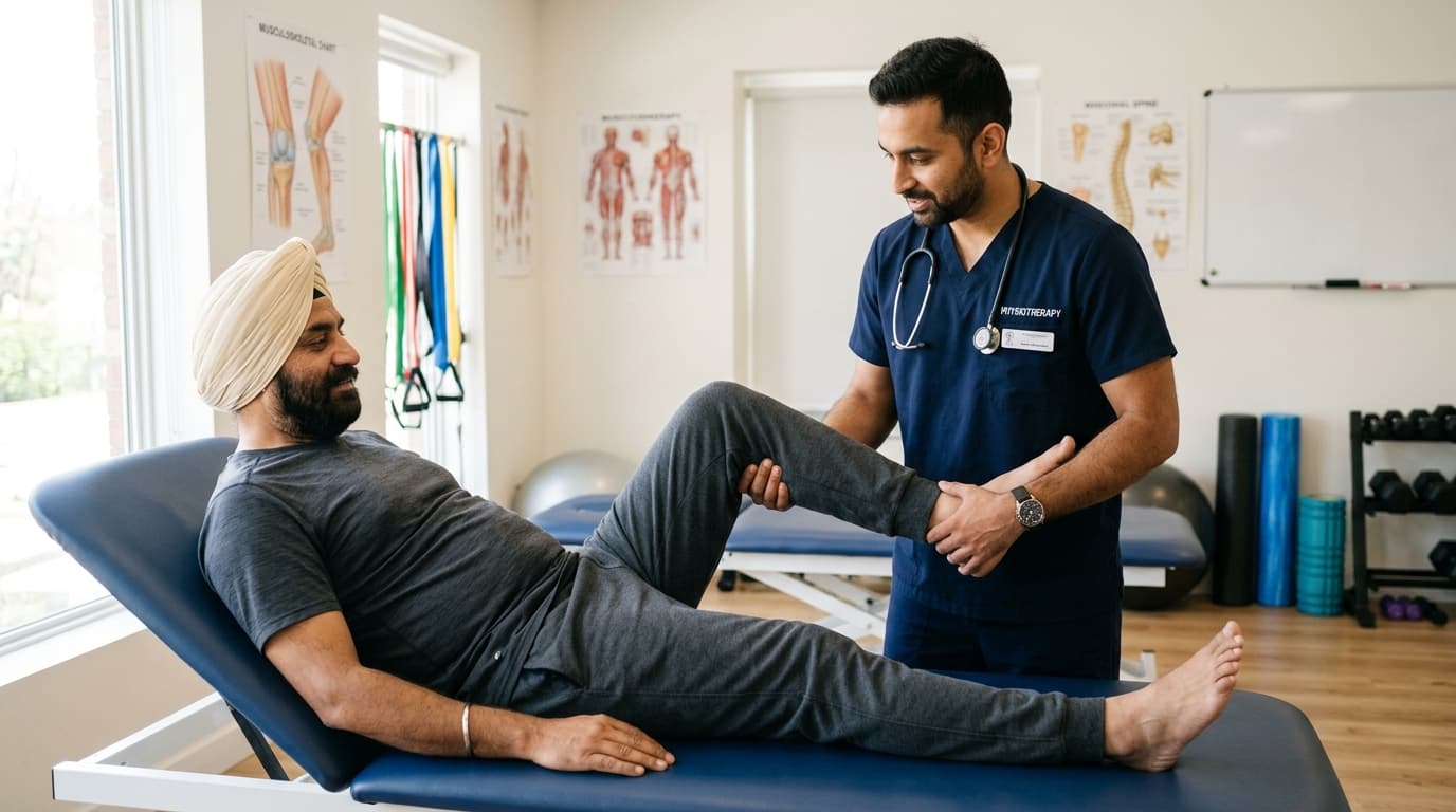 Male Physiotherapist assisting Punjabi male patient with knee rehabilitation at Therapy Care Patiala