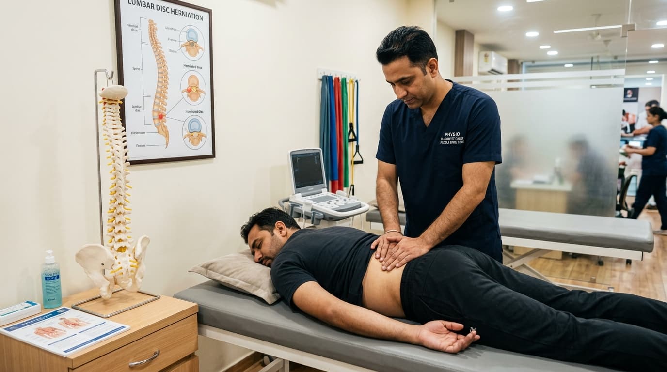 Male Physiotherapist explaining lumbar spine decompression for slipped disc to adult male patient at Therapy Care Patiala