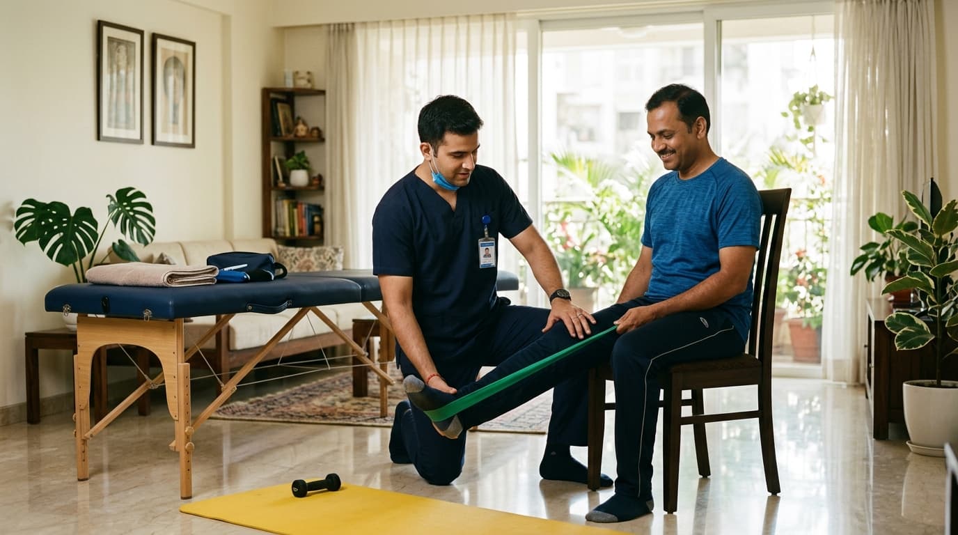 Male Physiotherapist assisting adult male patient with rehabilitation exercises in comfortable home setup in Patiala