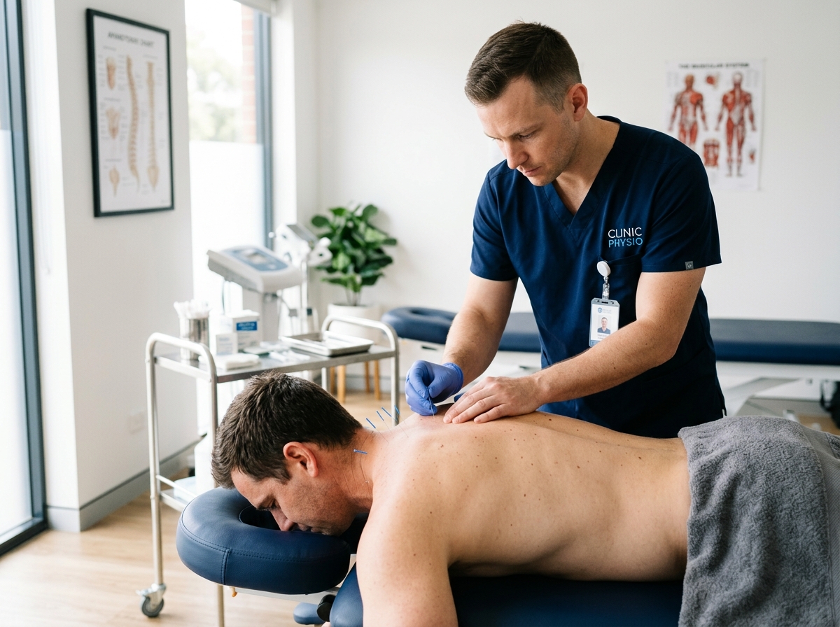 Close up clinical photograph of ultra-fine sterile medical acupuncture needles placed on a relaxed patient's back.