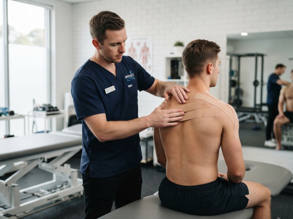 Professional clinical photograph of a male physiotherapist in clinical uniform applying kinesiology taping therapy and acupressure tapping on the upper shoulder and back of a male patient sitting upright.