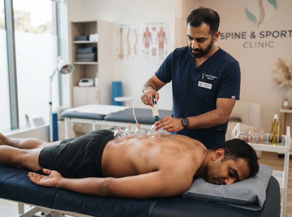 Professional clinical photograph of an Indian male physiotherapist applying glass suction cupping therapy on the back of an adult male patient lying prone on a medical examination table.