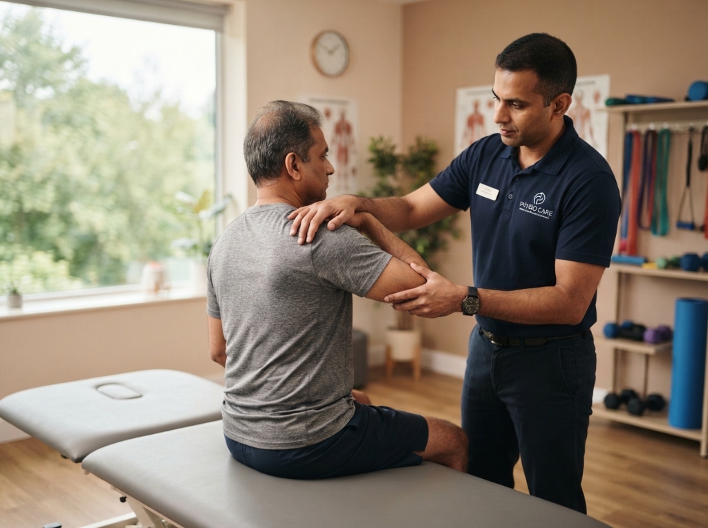 Professional photograph of a male Indian physiotherapist performing shoulder and back physical therapy rehabilitation on a male patient in a modern, serene home or clinic environment.